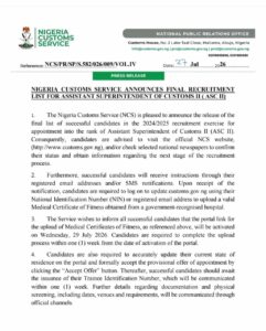 Nigeria Customs Service official shortlist announcement 