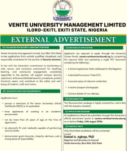 Venite University Security Assistant Recruitment 2026 
