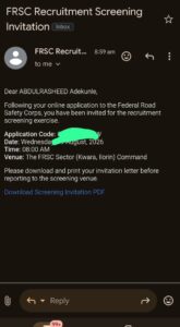 How to check your screening invitations for FRSC shortlist 2026